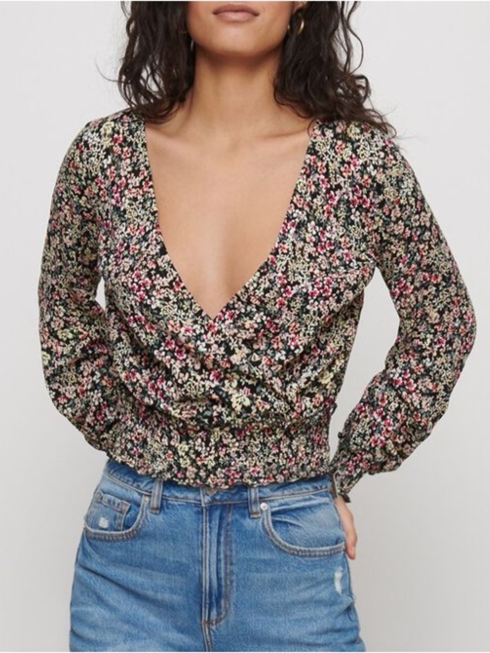 Dynamite Black Floral V-Neck Smocked Crop Top with Pink & White Blooms
